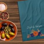 Linge De Cuisine Rustique Automne Orange Navy Bleu Floral<br><div class="desc">Floral d'automne rustique : bleu marine et terre cuite brûlé orangé floral avec feuillage d'automne. Caractéristiques turquoise bleu et typographie de script moderne</div>