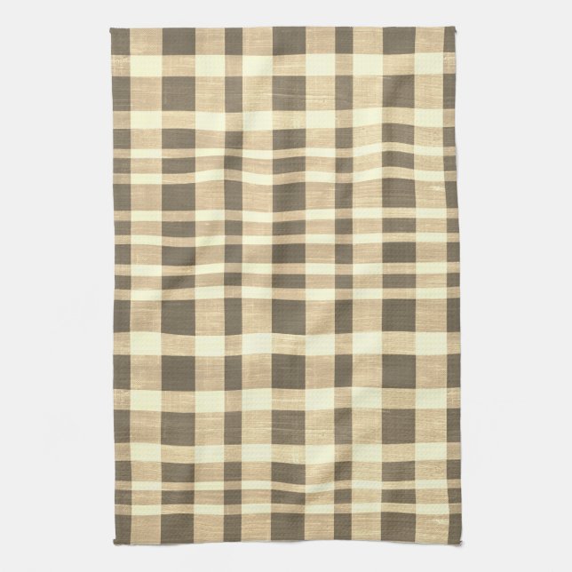 Linge De Cuisine Rustique Retro Beige Brown Texté Motif Plaid (Vertical)