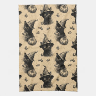 Linge De Cuisine Rustique Vintage Chat Noir Sorcière Halloween Moti