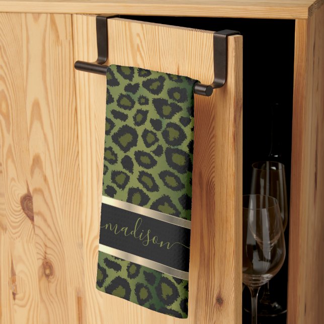 Linge De Cuisine Safari Olive Green Leopard - Personnaliser (Pliage en tiers)