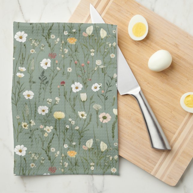 Linge De Cuisine Sage Vert Blanc Jaune Fleur sauvage Boho tendance (Quart Plié)