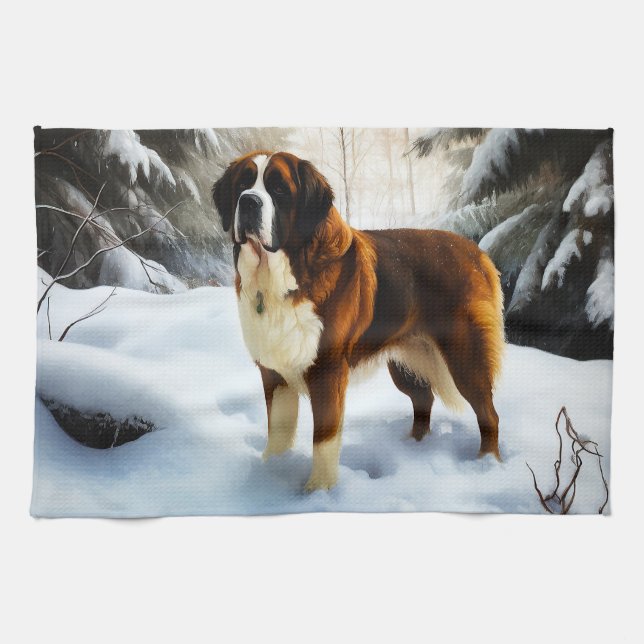 Linge De Cuisine Saint Bernard Laissez Tomber la Neige Noël (Horizontal)