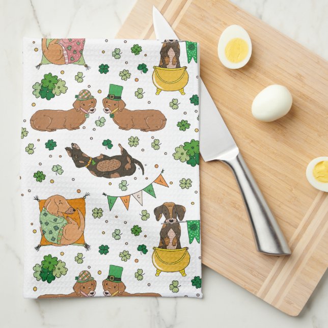 Linge De Cuisine Saint Patrick's Day Dachshund Chiens chanceux (Quart Plié)