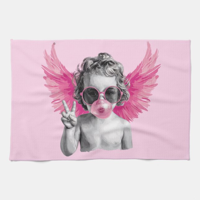 Linge De Cuisine Saint-Valentin soufflant une bulle Cupidon Saint-V (Horizontal)