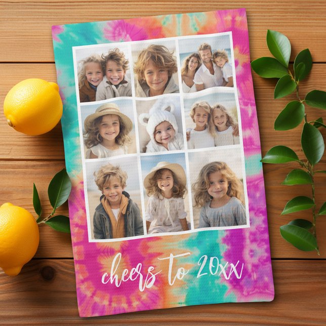 Linge De Cuisine Salutations au Nouvel An Cravate-Dye Turquoise les (Personalized kitchen towel with 8 photos and tie dye pattern)