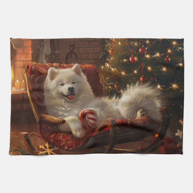 Linge De Cuisine Samoyed Chien Festive de Noël (Horizontal)