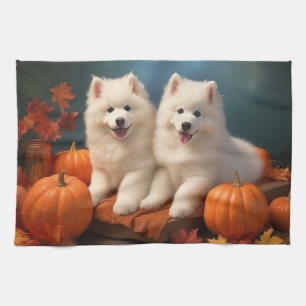 Linge De Cuisine Samoyed Chiot Automne Citrouille de plaisir