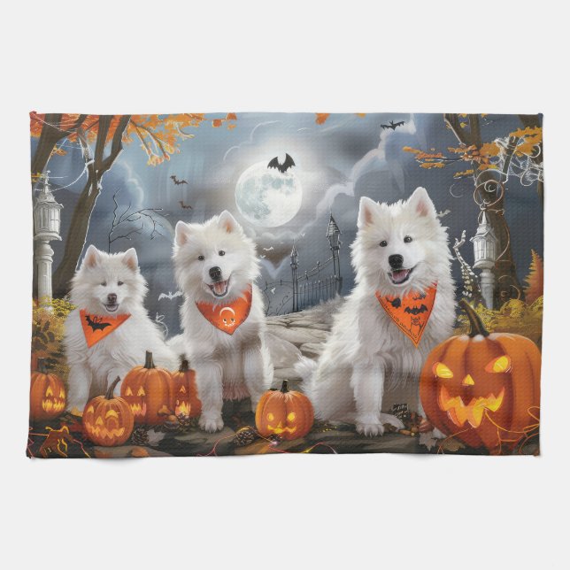 Linge De Cuisine Samoyed Halloween Éffrayant (Horizontal)