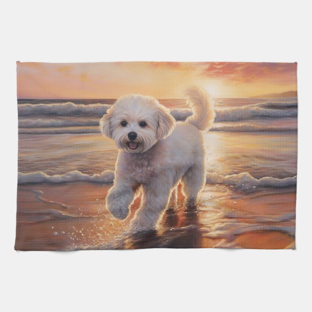 Linge De Cuisine Sandy Paws Bichon Frise Dog sur Beach Sunset (Horizontal)