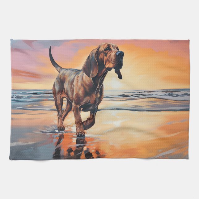 Linge De Cuisine Sandy Paws Bloodhound Dog on Beach Sunset (Horizontal)