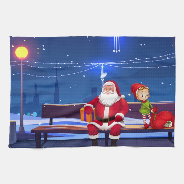 Linge De Cuisine Santa Claus on Park bench (Horizontal)