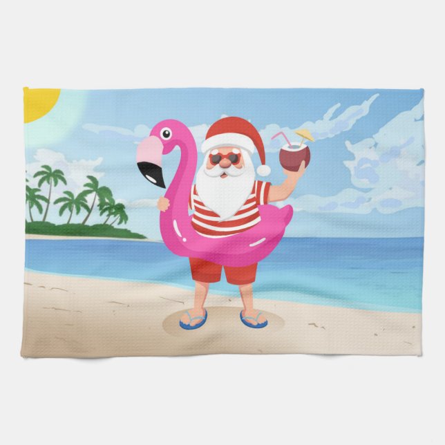 Linge De Cuisine Santa Claus with flamingo (Horizontal)