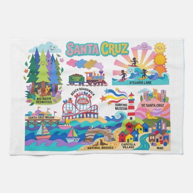 Linge De Cuisine Santa Cruz Illustrated Map Boardwalk Beach Surfing (Horizontal)