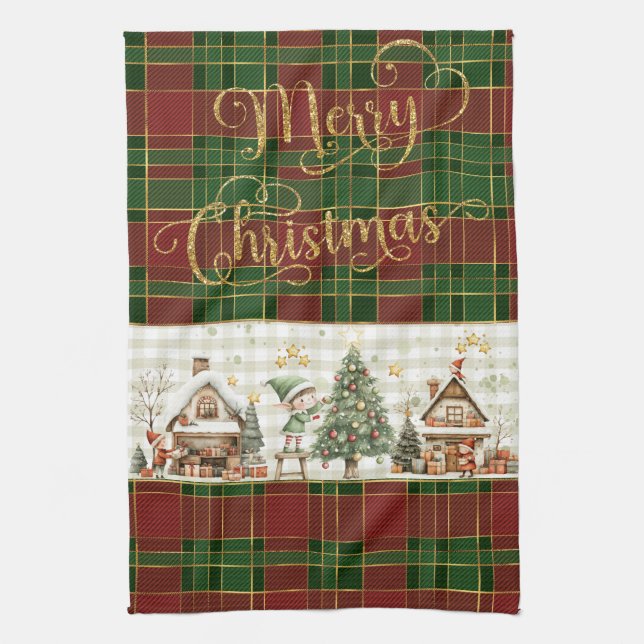 Linge De Cuisine Santa's Workshop Elves Red Green Christmas Tartan  (Vertical)