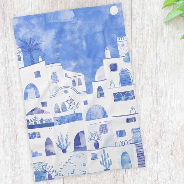 Linge De Cuisine Santorin Grec Ile Aquarelle Townscape (Santorini blue and white watercolor painting on a kitchen towel)