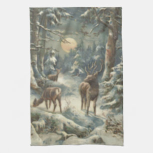 Linge De Cuisine Sapin de Noël Renne Forêt de feuillus Neige