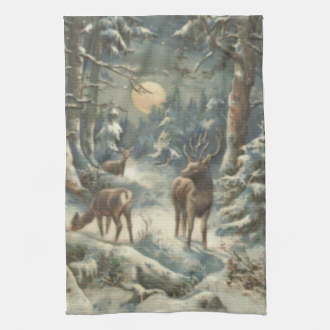 Linge De Cuisine Sapin de Noël Renne Forêt de feuillus Neige (Vertical)