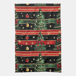 Linge De Cuisine Sapin de Noël scintillant - Rayures rouges noires