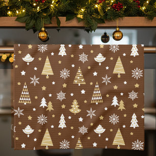 Linge De Cuisine Sapins de Noël et motif de flocons de neige Marron