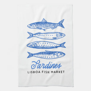 Linge De Cuisine Sardines Bleues Tirées À La Main