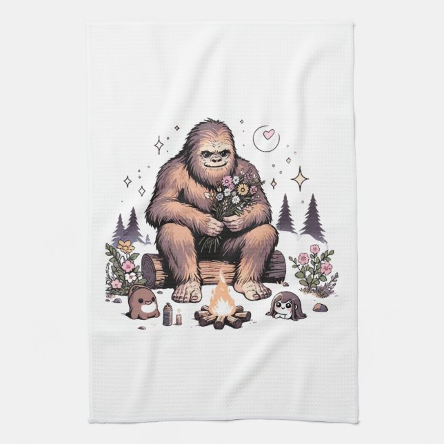 Linge De Cuisine Sasquatch tenant des fleurs (Vertical)