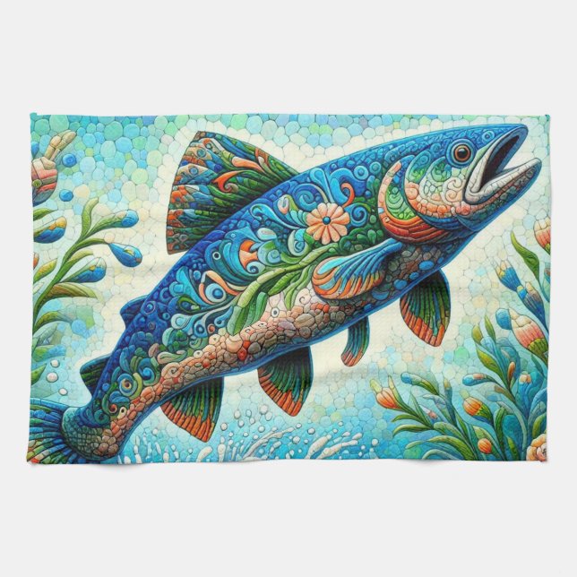 Linge De Cuisine Saumon Saut Mosaïque Floral Blue Green Peach (Horizontal)