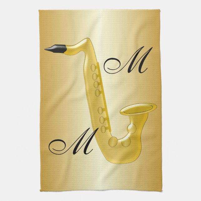 Linge De Cuisine Saxophone Monogrammé de Couleur Or (Vertical)