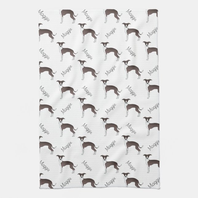 Linge De Cuisine Sceau Et Blanc Italien Greyhound Motif Et Nom (Vertical)