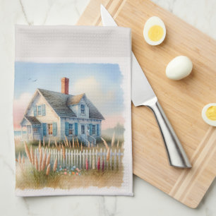 Linge De Cuisine Scène aquarelle de phare et cottage au bord de la