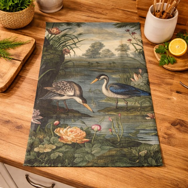 Linge De Cuisine Scène botanique de grue bleue près d'une rivière (Créateur téléchargé)