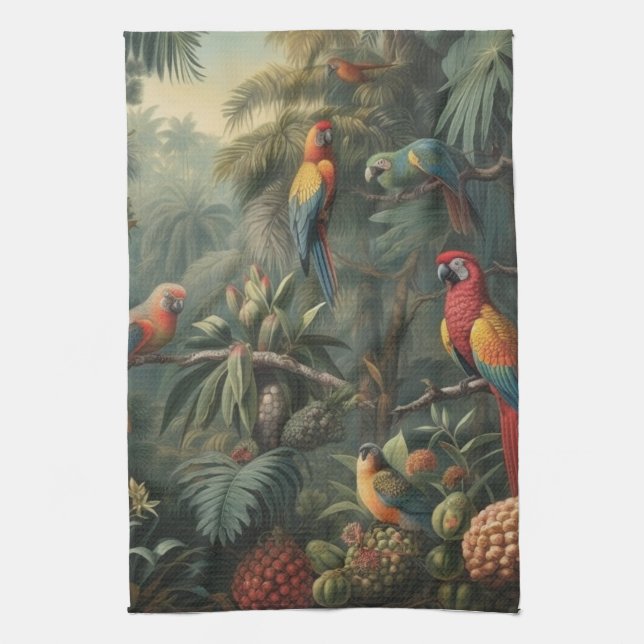 Linge De Cuisine Scène botanique de perroquets et ananas (Vertical)