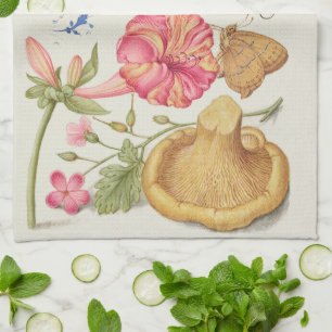 Linge De Cuisine Scène de jardin avec fleurs, papillon et champigno