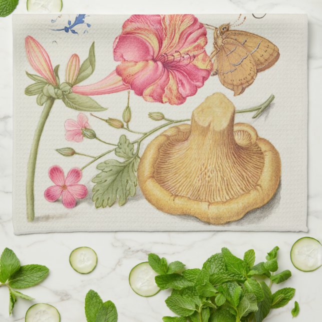 Linge De Cuisine Scène de jardin avec fleurs, papillon et champigno (Plié)