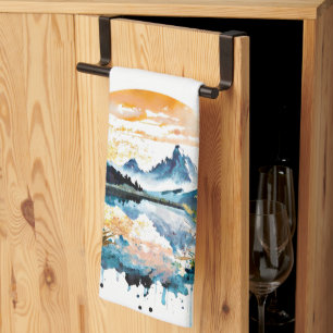 Linge De Cuisine Scène de montagne à l'aquarelle