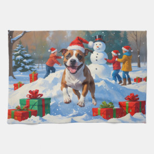 Linge De Cuisine Scène de neige festive de Noël avec un Bull Terrie
