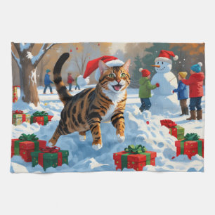 Linge De Cuisine Scène de neige festive de Noël avec un chat Bengal