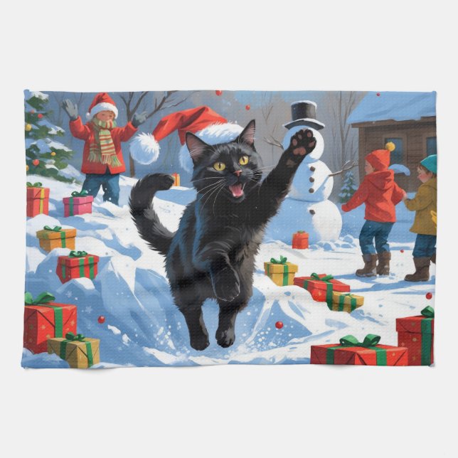 Linge De Cuisine Scène de neige festive de Noël Black Cat (Horizontal)