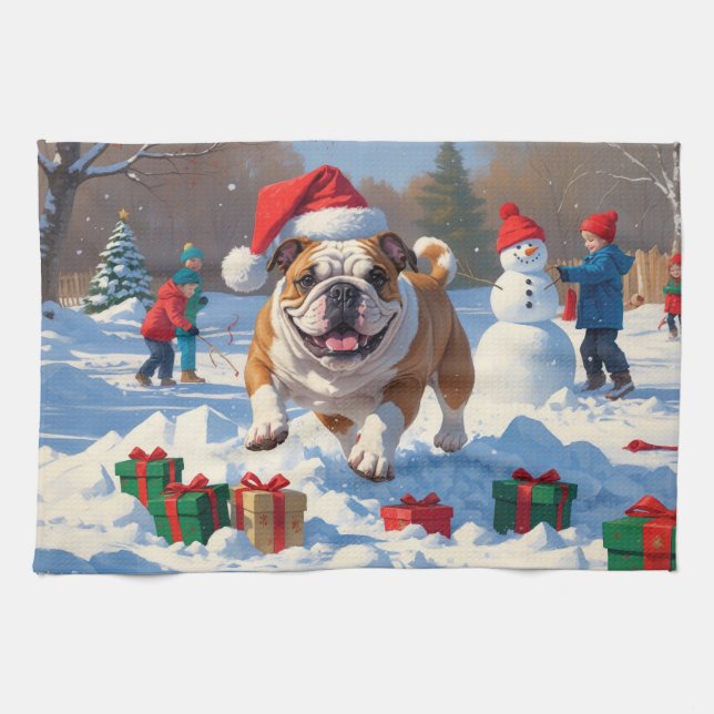 Linge De Cuisine Scène de neige festive de Noël Bulldog (Horizontal)