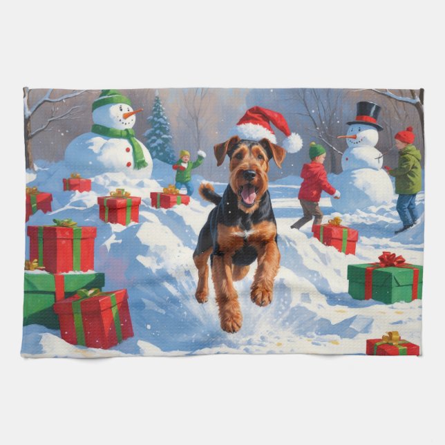Linge De Cuisine Scène de neige festive de Noël d'Airedale (Horizontal)