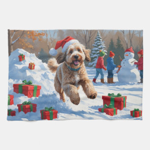 Linge De Cuisine Scène de Noël enneigée avec un Bernedoodle