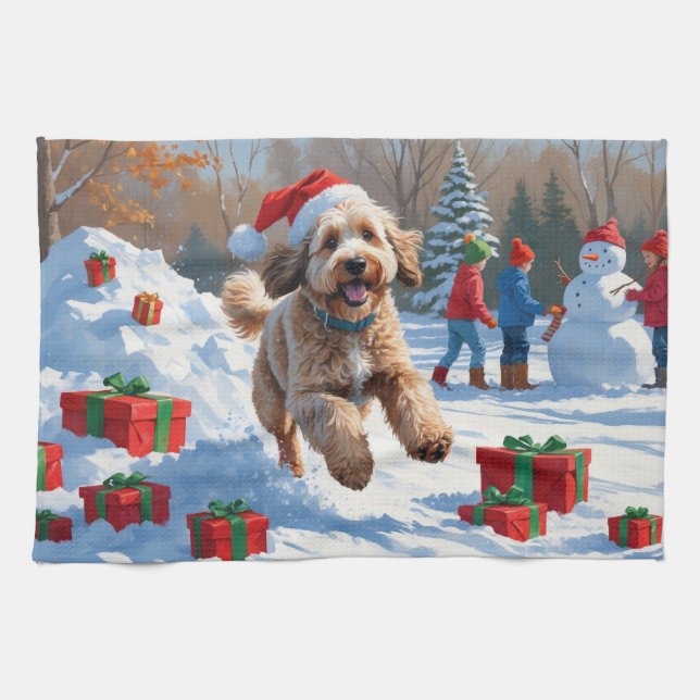Linge De Cuisine Scène de Noël enneigée avec un Bernedoodle (Horizontal)
