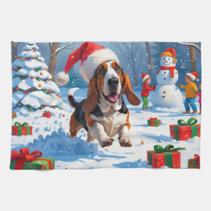 Linge De Cuisine Scène de Noël festive avec un Basset Hound dans la