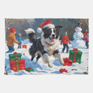 Linge De Cuisine Scène de Noël festive Border Collie dans la neige