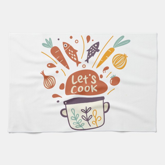 Linge De Cuisine Scène Whimsical Kitchen avec "Let’s Cook" Texte - (Horizontal)