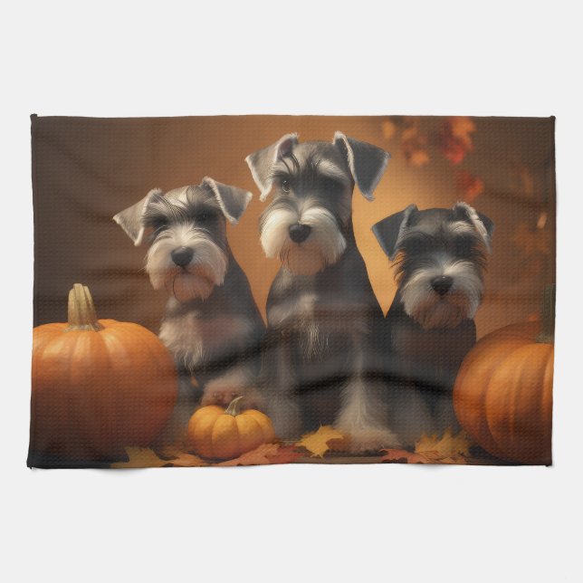 Linge De Cuisine Schnauzer Chiot Automne Citrouille de plaisir (Horizontal)