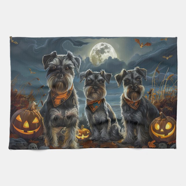 Linge De Cuisine Schnauzer Halloween Éffrayant (Horizontal)