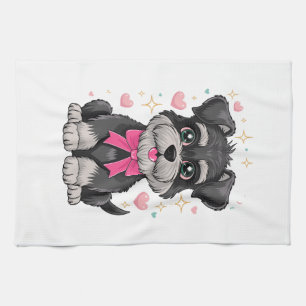 Linge De Cuisine Schnauzer mignon avec ruban rose entouré de coeurs