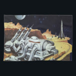Linge De Cuisine Science-fiction vintage, Station spatiale sur la L<br><div class="desc">Illustration vintage des planètes de science-fiction futuristes et de l'image spatiale. Station spatiale sur la lune avec vue sur la planète Terre dans le ciel nocturne avec étoiles dans le futur. Un classique les années 50 retro sci fi dessin de bande dessinée.</div>