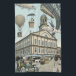 Linge De Cuisine Science Fiction vintage, Victorian Steam Punk City<br><div class="desc">Illustration vintage image futuriste de science-fiction de voyage et de transport montrant des gens voyageant par des dirigeables,  des blimps,  des montgolfières,  un train inversé et une automobile convertible antique dans une métropole urbaine rétro-punk à vapeur victorienne.</div>