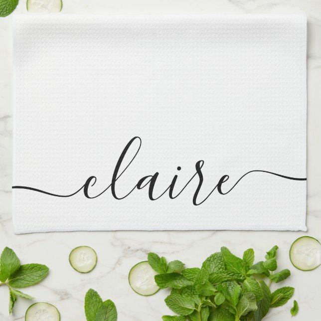 Linge De Cuisine Script de calligraphie noir et blanc Nom personnal (Plié)